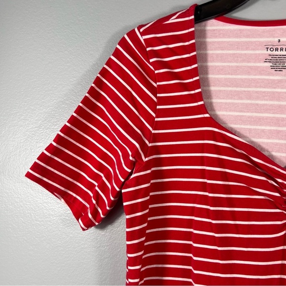 Red White Striped Top Plus Size 3X Ruched Sweetheart Neckline Stretch Tee 22/24 - Picture 4 of 6